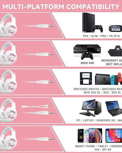 Globalsades SA726 Stereo Gaming Headset for Xbox One PS4 PS5 Controller, Over Ear Headphone with Mic Noise Cancelling Headset for PC Xbox Series (White Pink)
