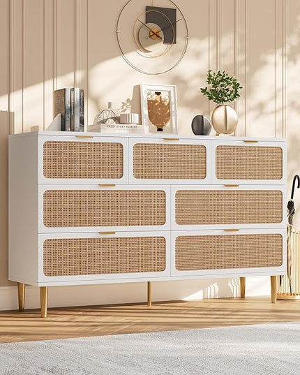 Garvee Rattan Dresser with 7 Drawers, Tall Modern Closet with Deep Storage, Large Chest of Drawers with Wide Top, Long Wooden Dresser for Bedroom, Living Room, Hallway, Kids Room, White
