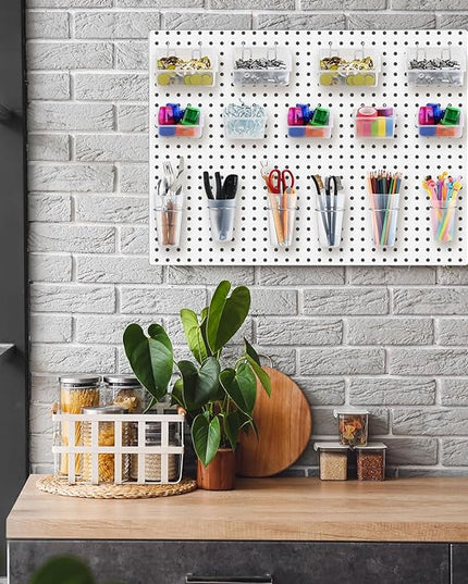 Roowest 60 Pcs Pegboard Cups Pegboard Bins Set, Wall Organizer with Hooks and Loops, Hooks Assortment Organizer Accessory for Office Storage Garage Craft Workshop(Clear)