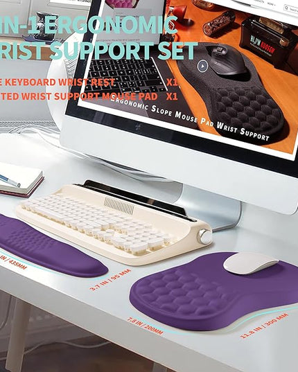 2-in-1 Ergonomic Set, Wave Rise Keyboard Wrist Rest and Massage Bulge Slope Mouse Pad Wrist Support, Cushion Memory Foam Integrated to Relieve Wrist Pain, Dark Purple