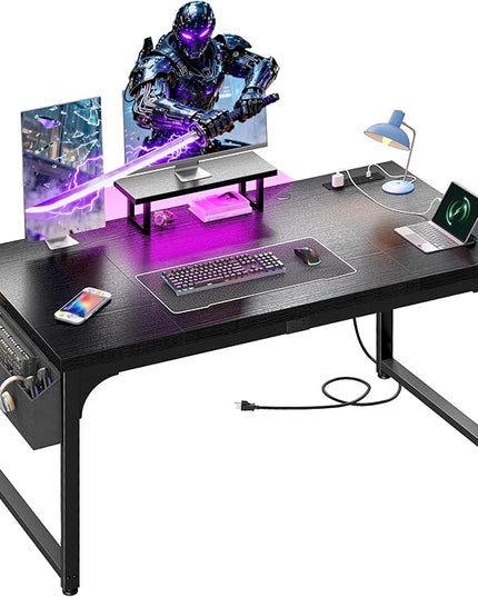 Gaming Desk with LED Light & Power Outlets, Computer Desk with Monitor Stand & 24mm Thicker Desktop,Office Writing Desk for Home Office, Study, Bedroom, Black