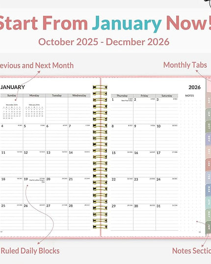 SUNEE 2026 Weekly & Monthly Planner 6.4"x8.5"- 12 Month (January 2026 - December 2026), Vegan Leather Cover, Pocket, Bookmark, Notes, Monthly Tab, Peach Pink