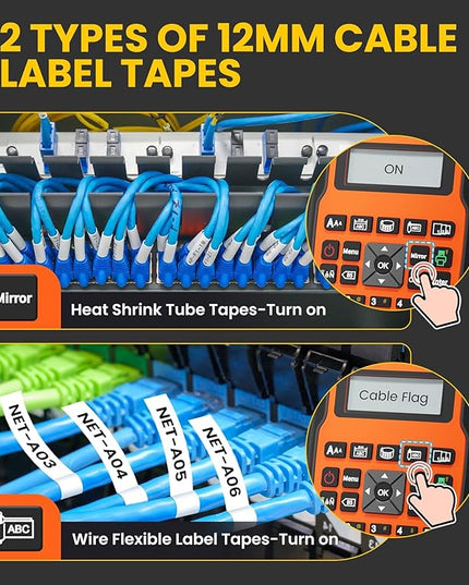 E1000 Heat Shrink Label Maker, Wire Label Maker Waterproof-Labels, Labeler Machine with 2PK 12mm 0.47 Heat Shrink Tube Tapes & 2PK Flexible ID Cable Tapes for Industrial Electrical Use