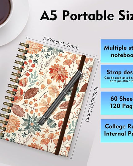 Spiral Journal Notebook, A5 Cute Notebooks for Women Men, College Ruled Hardcover Notebook for Work & Note Taking, 60 Pages Double-Wire Journals for Writing (Flower)