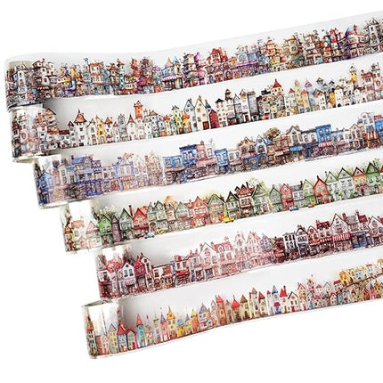 AuriicLeaf Weird House PET Tape Set with Clip, 6 Rolls of Vintage Town Stickers for Scrapbooking, Journaling, DIY Crafts, and Planners