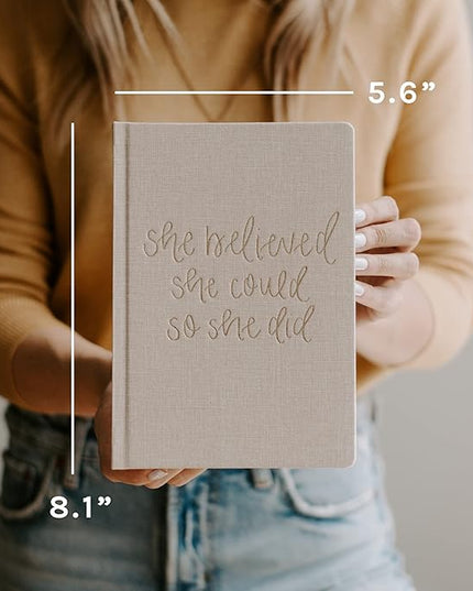Sweet Water Decor Cute Motivational Lined Composition Notebook for Women, 100 Ruled Pages for Writing, Diary with Fabric Inspirational Cover (Tan She Believed She Could)