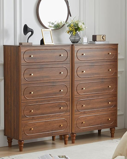5 Drawer Fluted Dresser for Bedroom, Mid Century Modern Chest of Drawers, Wood Storage Large Dresser Organizer for Bedroom Living Room Hallway Closet, Walnut