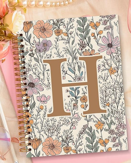 JXREQ Vintage Boho Floral Personalized Notebook, Initial Letter H Notebook Journal, Monogram Notebook, Monogrammed Gifts for Women, Boho Office Supplies, Flower Spiral Notebook 5.5x8.3