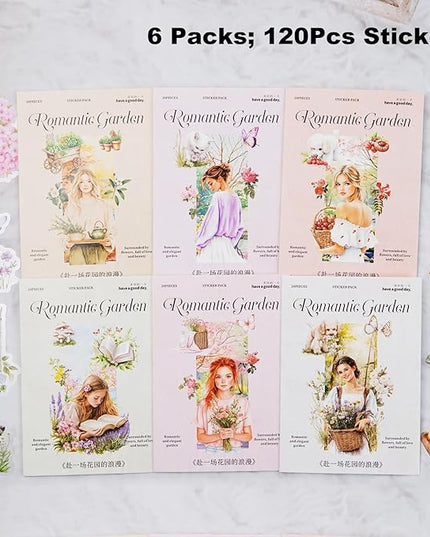 AuriicLeaf Garden Girl Sticker Set, 120PCS PET Vintage Nature Stickers for Journaling, Scrapbooking, Planner Supplies and DIY Crafts