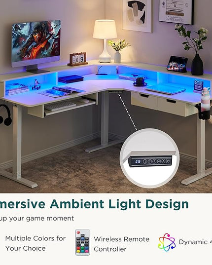 RedLemon 60 Inches L Shaped Electric Standing Desk, Height Adjustable Corner Gaming Desk with Drawers, Keyboard Tray, Power Outlets & LED Lights, Computer Desk with Monitor Shelf, Antique White