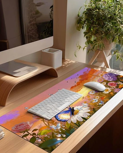 XL Mouse Pad Gaming Mousepad 31.5 x 11.8 Inch Large Keyboard Desktop Mat Diatomite XL Mouse Pad for Home and Office Desk Accessories with Sunset Garden Butterfly Artwork