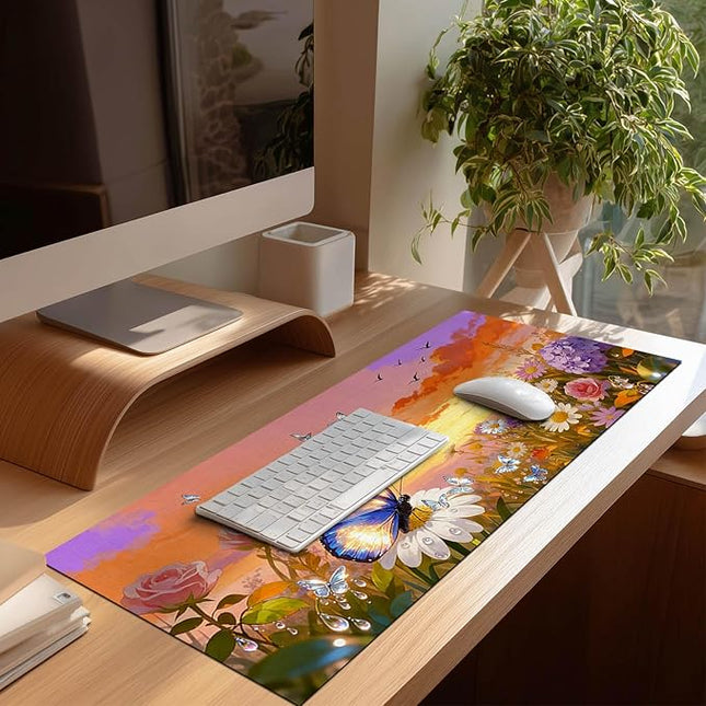 XL Mouse Pad Gaming Mousepad 31.5 x 11.8 Inch Large Keyboard Desktop Mat Diatomite XL Mouse Pad for Home and Office Desk Accessories with Sunset Garden Butterfly Artwork