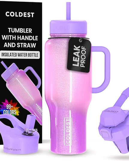 Coldest Tumbler with Handle and Straw, 100% Leak Proof Insulated Tumbler with Lid and Straw (3 Lids), Stainless Steel Tumblers for Women & Men, Cup Holder Friendly, 36 oz (Popsicle Dream)