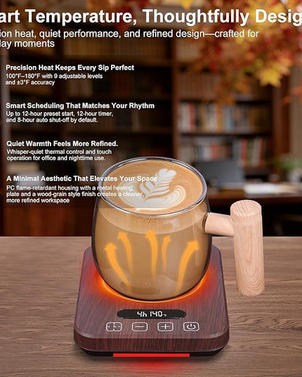 Coffee Mug Warmer with Temperature Control, 36W Electric Mug Heater, 120–180°F Adjustable Desk Cup Warmer with Timer & Auto Shut-Off, Ambient Light, Walnut Wood-Grain Finish, Gift for Home & Office