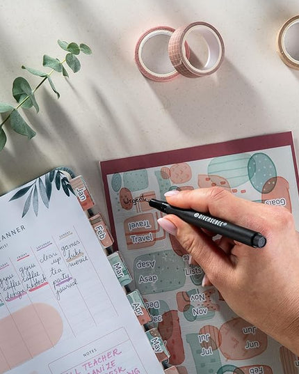 DiverseBee Laminated Planner - 24 Peel and Stick Tabs (12 Monthly, 4 Blank) - Geometric Dividers