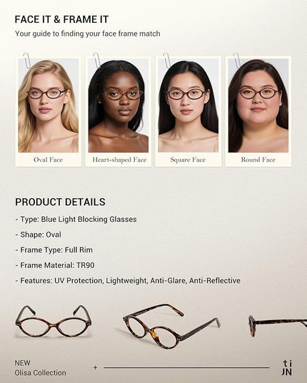 TIJN Olisa Blue Light Blocking Glasses for Women Men,Oval Glasses Frame Bluelight Glasses for Gaming/Computer/Screen
