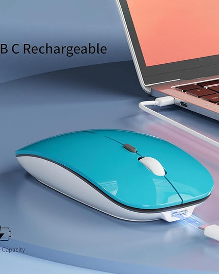 Uciefy Q5 Slim Rechargeable Wireless Mouse, 2.4G Optical Silent Ultra Thin Wireless Computer Mouse with USB Receiver and Type C Adapter, Compatible with PC, Laptop, Desktop (Blue)