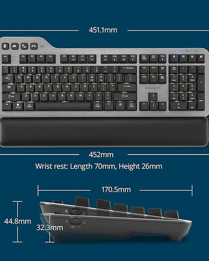 Kensington MK7500F Silent Mechanical Keyboard – Full Size, Wireless, Backlit, Rechargeable Battery, Customizable Keys, Spill-Proof, Includes Wrist Rest, Windows & macOS