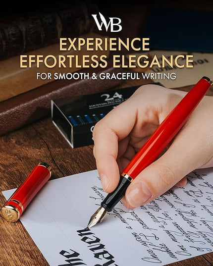Wordsworth & Black Fountain Pen Set, Bent Nib, Includes 24 Pack Ink Cartridges, Ink Refill Converter & Gift Box, Calligraphy, [Crimson Red], Perfect for Men & Women