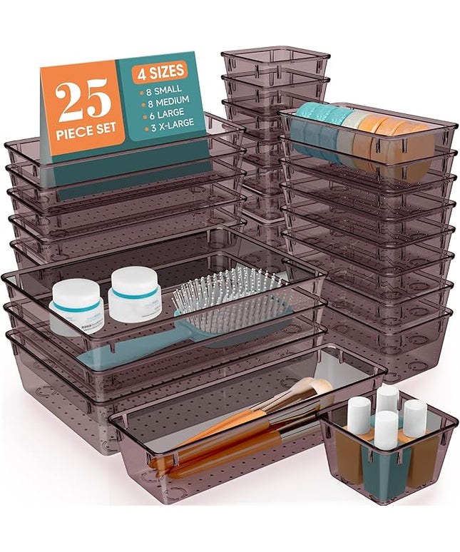 WOWBOX 25 PCS Plastic Drawer Organizer Set, 4 Sizes Desk Drawer Divider Organizers and Storage Bins for Makeup, Jewelry, Gadgets for Kitchen, Bedroom, Bathroom, Office, Clear Brown