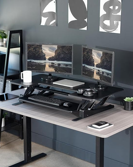 VIVO 48 inch Height Adjustable Large Stand Up Desk Converter, V Series, Quick Sit to Stand Tabletop Dual Monitor Riser Workstation, Black, DESK-V048V