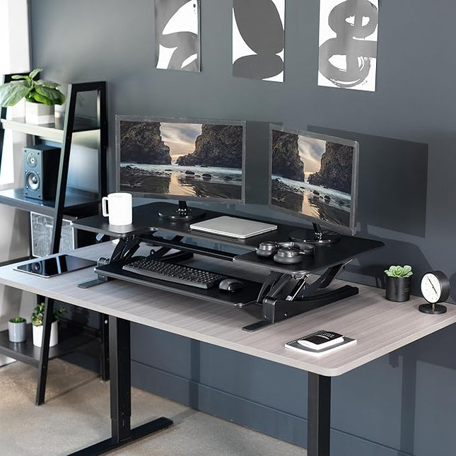 VIVO 48 inch Height Adjustable Large Stand Up Desk Converter, V Series, Quick Sit to Stand Tabletop Dual Monitor Riser Workstation, Black, DESK-V048V