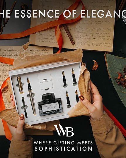 Wordsworth & Black Fountain Pen Gift Set, Includes Ink Bottle, 6 Ink Cartridges & A Refill Converter, 4 Replacement Nibs, Premium Package, Journaling, Calligraphy, Smooth Writing Pens [Silver Chrome]