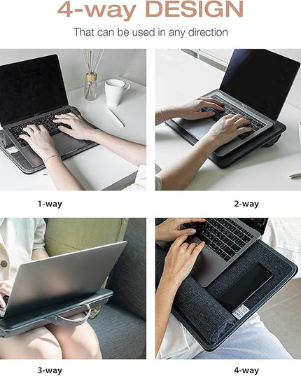 ergomi Lap Desk with Soft Cushion and Wrist Rest – Portable Laptop Desk for Bed, Couch & Home Office, PU Surface Tray with Handle for 15.6 inch Laptop (Medium, Black)