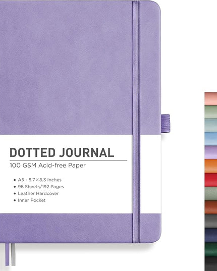 RETTACY Bullet Dotted Journal Notebook, 192 Pages, A5 Medium Size (5.7'' x 8.3''), Leather Hardcover, 100 GSM Thick Paper, for Bullet Journaling, Planning, Tracking (Purple)