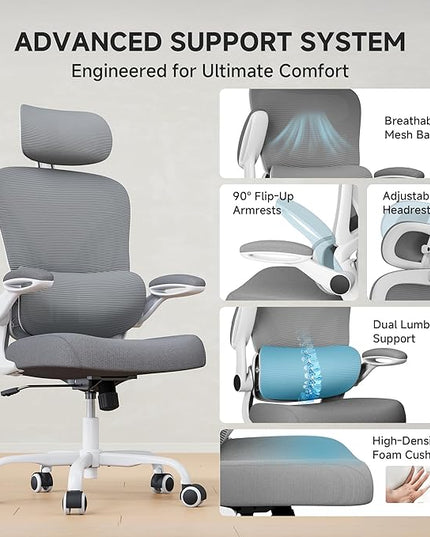 Ergonomic Office Chair, 330LBS Desk Chair with 3-Level Lumbar Support & Headrest, Breathable Mesh Backrest, Flip-Up Armrests for Home Office and Gaming, White and Gray