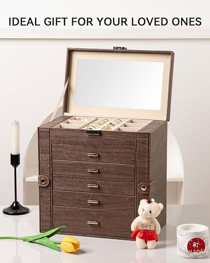 Frebeauty Large Jewelry Box,6-Tier PU Leather Jewelry Organizer,Multi-functional Storage Case with Mirror,Accessories Holder with 5 Drawers for Necklace Bracelets Watches(Tree Brown)
