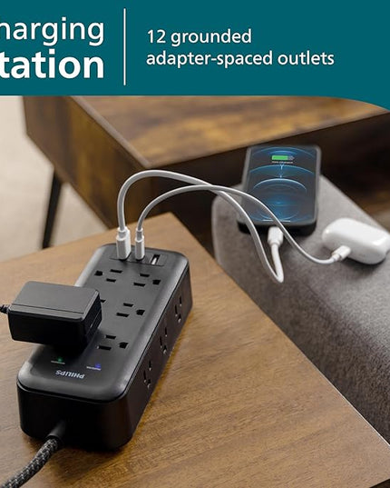 Philips Surge Protector, 12 Outlet, 2 USB-A, 1 USB-C, 17W, 3120J, Braided Cord, 8ft, Black