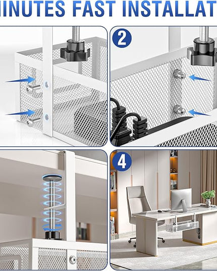 Under Desk Cable Management Tray - GZOKMOG No Drill Cord Organizer with Clamp, Reinforced Metal Mesh Workspace Organizers for Wire, Office Desk Accessories, 1 Pack White, 15.75 inch
