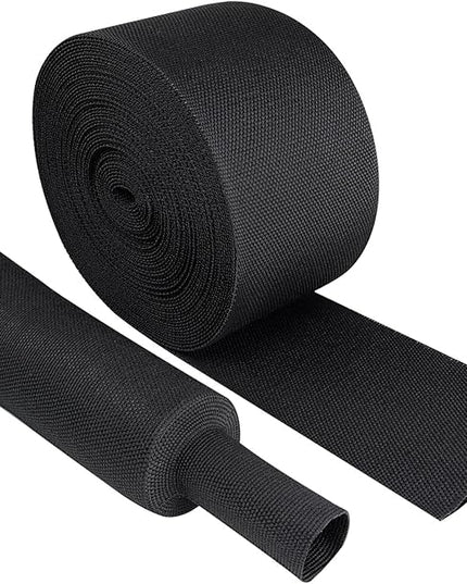 Black 2:1 Ratio Automotive Heat Shrink Braided Sleeving,Wear-Resistant Flat Woven Shrinkable Sleeve Fabric Car Cable Wires Hoses Protection (2''-50ft)