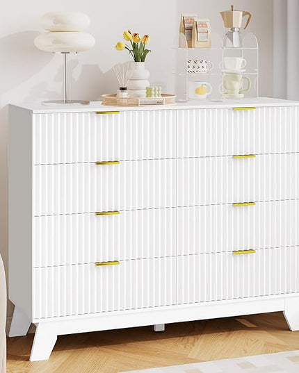 Fluted Dresser for Bedroom, 8 Drawer Dressers & Chest of Drawers, Mid Century Modern Dresser for Closet Boho Bedroom Furniture, Nature Wood Chest of Drawers Storage Organizer for Living Room, White