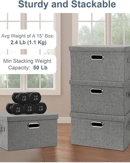 Medium 15" 21 Quart Collapsible Stackable Storage Bins with Lids, 1 Pack Gray Foldable Fabric Closet Storage Boxes with Lids, 4 Handles Heavy-duty Linen Cube Baskets for Bedroom