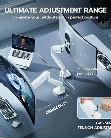 ARES WING Ultrawide Monitor Arm, Heavy Duty Single Monitor Mount for 13"-49" Curved Screens, Adjustable Stand for Desk with C-clamp & Grommet Base up to 40 LBS, White
