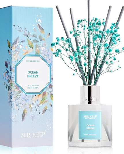 Airkeep Reed Diffuser Set,3.38 fl oz (100 ml) - Ocean Breeze Oil Diffusers with 8 Reed Sticks, Home Fragrance Reed Diffuser for Bathroom Shelf Decor