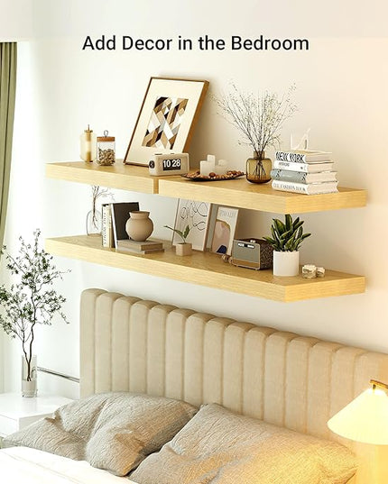 Heimlove 12" Deep Floating Shelves, 36 x 12 Inch Wall Mounted Long Floating Shelf with Invisible Brackets, for Home Decor, Bedroom, Kitchen, Living Room, Bathroom - 1 Pack, Oak