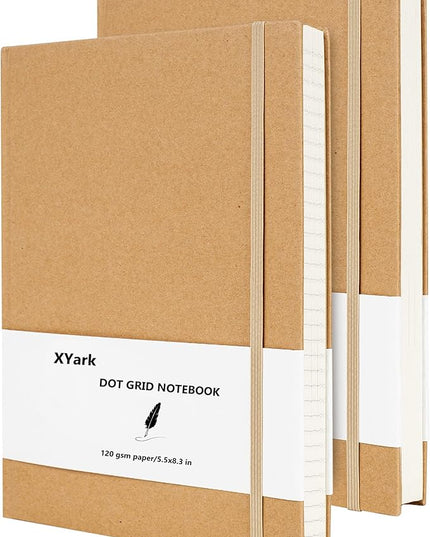 XYark A5 Dot Grid Kraft Notebook Journals, Hardcover Subject Sketchbook Composition Notebooks with Dotted Grid Paper, 2 Pack, 120GSM, 102 Sheets, 5.5x8.3 inch, Travel Journal Set