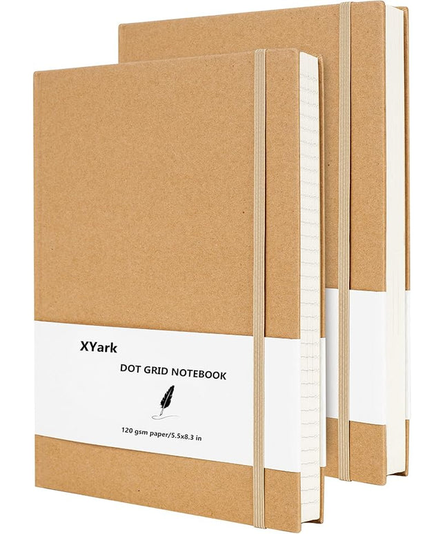 XYark A5 Dot Grid Kraft Notebook Journals, Hardcover Subject Sketchbook Composition Notebooks with Dotted Grid Paper, 2 Pack, 120GSM, 102 Sheets, 5.5x8.3 inch, Travel Journal Set
