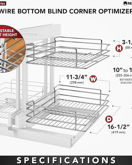Rev-A-Shelf Dual Tier Pullout Shelf Organizer for Blind Corner Kitchen or Bathroom Cabinets with Soft Close,15", 4 Shelves, Chrome, 5PSP-15SC-CR