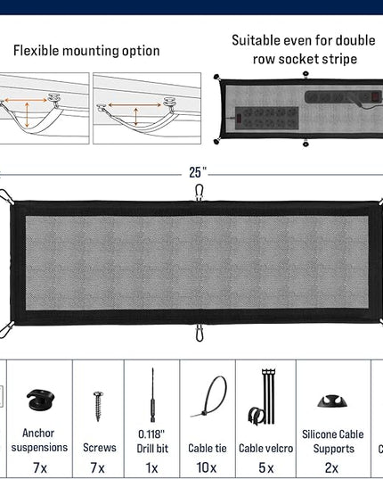 Cable Management net - Under Desk Wire Management - Flexible Under Desk Cable Management Tray Black