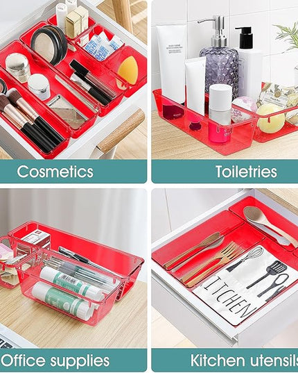 WOWBOX 25 PCS Plastic Drawer Organizer Set, 4 Sizes Desk Drawer Divider Organizers and Storage Bins for Makeup, Jewelry, Gadgets for Kitchen, Bedroom, Bathroom, Office, Clear Red