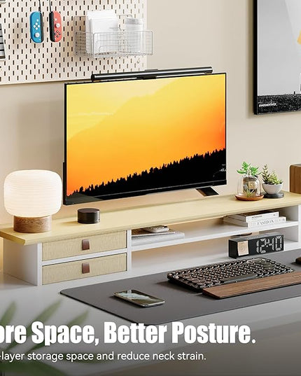Dual‑Tier Monitor Stand Riser with Drawers, Desktop Organizer Shelf Storage for Computer Screen 2 Monitors, Supports for PC Computer Monitor, Printer, Heavy TV Riser Beige and White