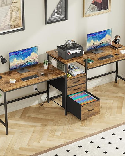 GYIIYUO 93'' Two Person Desk with Charging Station, Long Desk with 3 Fabric Drawers and Printer Shelf, Double Computer Desk, 2 Person Writing Study Table Workstation for Home Office, Rustic Brown