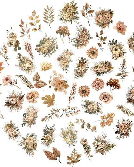 Obujopal 100 Pcs Autumn Flower Stickers for Scrapbooking Junk Journal Card Making CollageNotebook Diary Planner Letter Envelope Water Bottle Phone Case Craft Decoration (Autumn)