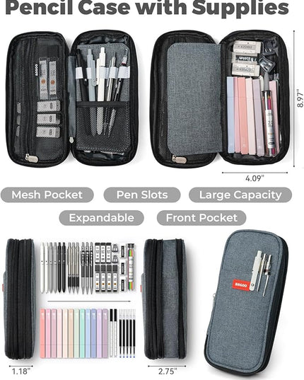 Four Candies 45 PCS School Supplies with Pen Case, 12 Pastel Highlighters, 6 Black Ink Gel Pens, 6 Mechanical Pencils Set for Students Stationary College Essentials (Black)