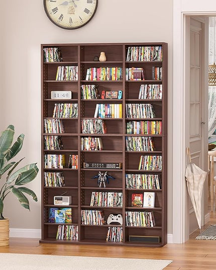 LELELINKY 11 Tier Tall Display Cabinet, Walnut Media Storage Cabinet with Adjustable Shelves, Free Standing DVD Organizer Shelf, Floor multimedia storage manga bookshelf for Living Room & Home Office.