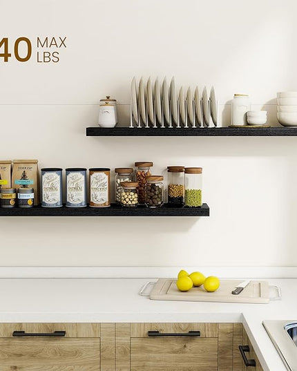 Dreamland 40Inch Floating Shelves for Wall, Rustic Wooden Black Floating Shelves for Living Room, Kitchen, Farmhouse, Deep Wall Mounted Book Shelf, Wood Storage Display Shelf for Home Decor, Set of 2